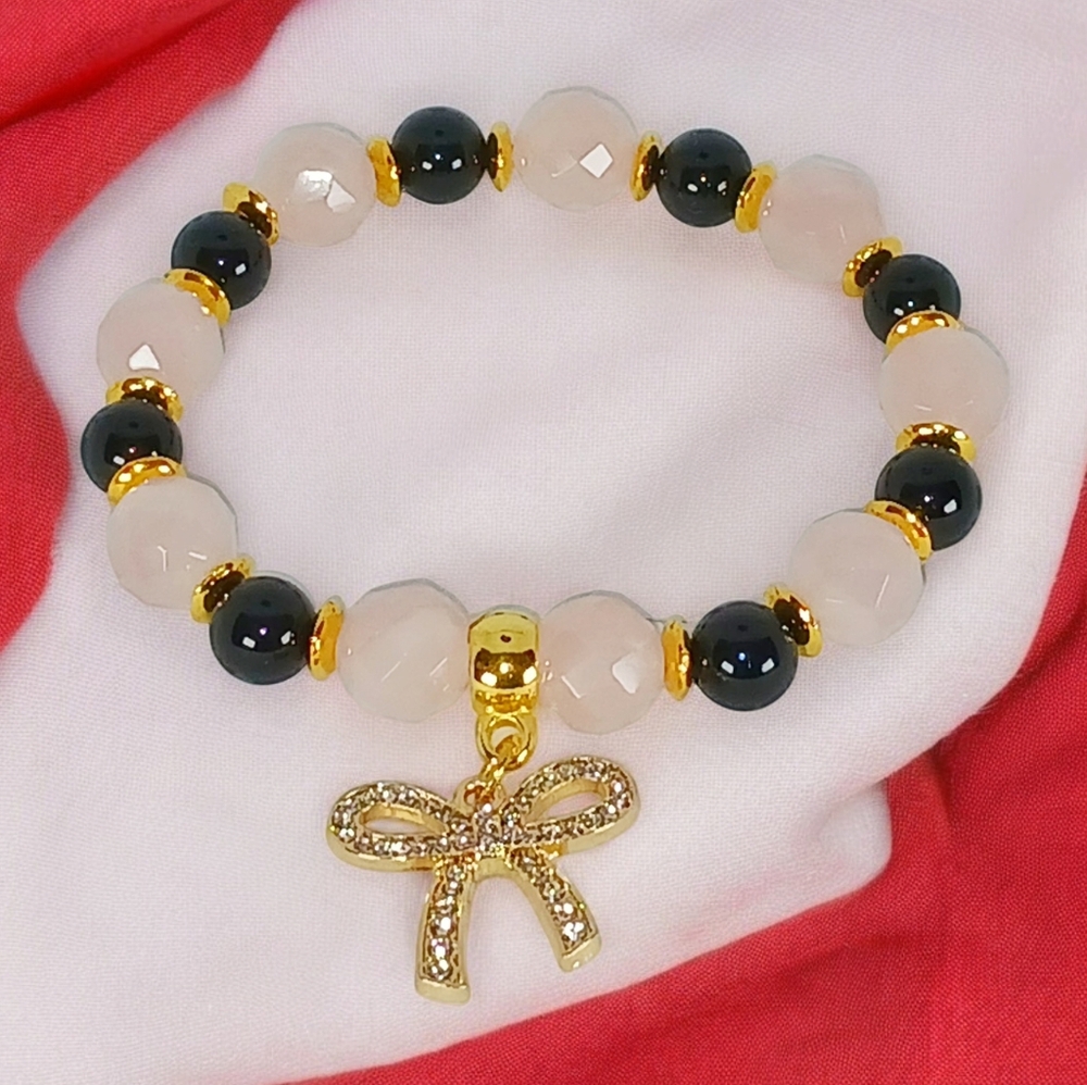 Rose Quartz Black Onyx Bracelet with Sparkling Gold Bow Charm Y2K Dark Coquette